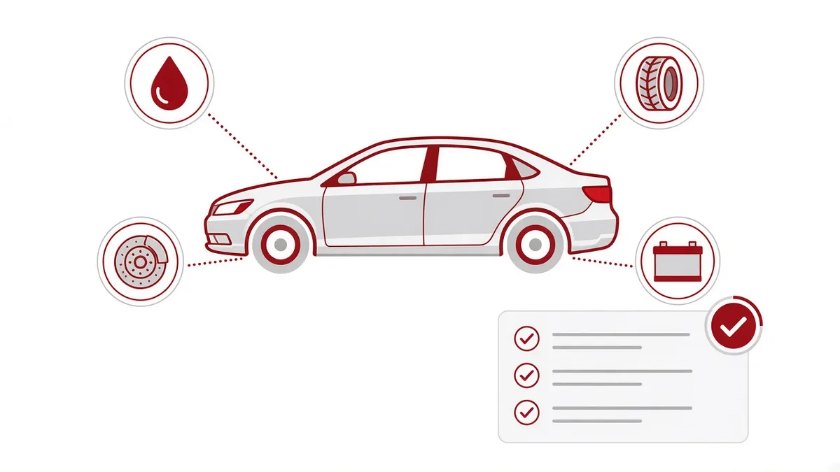 Illustration of vehicle maintenance checkpoints arranged around a stylized car outline